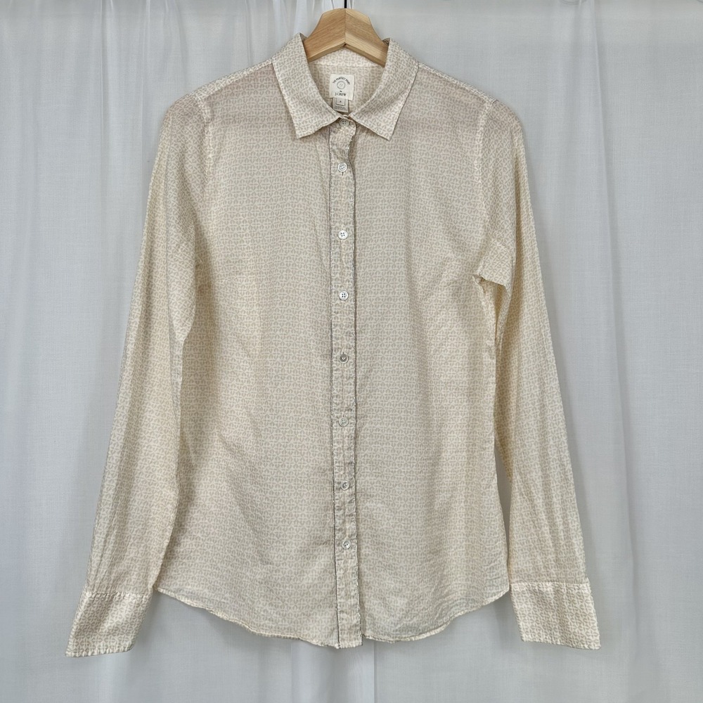 J Crew Womens The Perfect Shirt 8 Cotton Tan Cream Geometric Print Metallic Trim